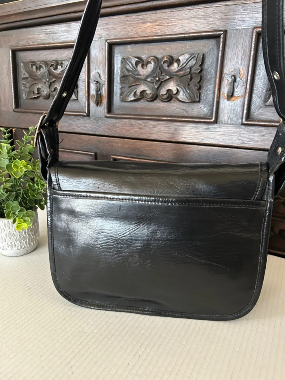 Black Leather Shoulder Bag with Adjustable Strap